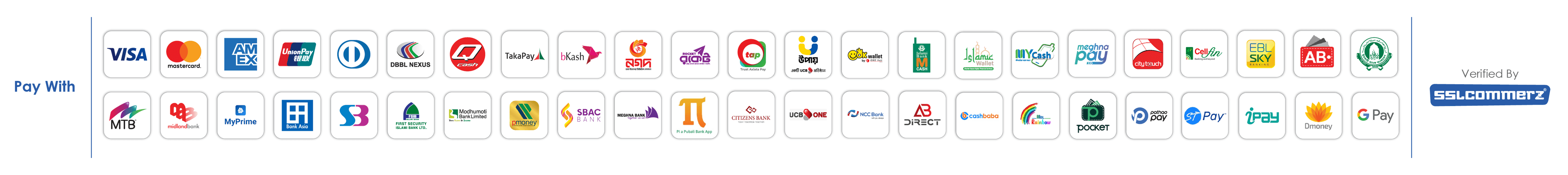 Pay with Visa, Mastercard, American Express, bKash, Nagad, Rocket, and more — secure payments powered by SSLCommerz